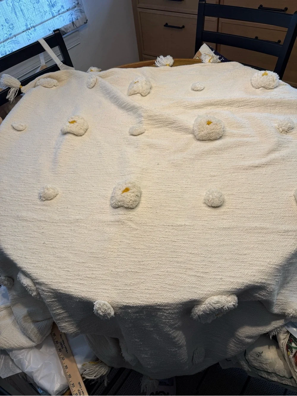 Anthropologie Tufted Amal  Throw Blanket Pom Pom’s with Gold Accents *desc